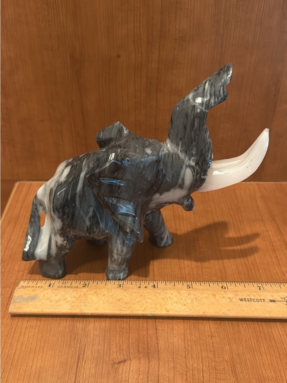 Gray Marble Effect Elephant Sculpture with White Tusk - Home Art